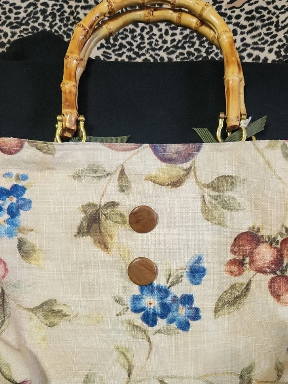 Floral Cream Hobo Bag with Bamboo Handles- Homemade
